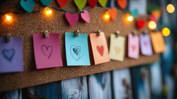 Colorful Heart Notes Pinned to Cork Board with String Lights, Creating a Playful and Loving Atmosphere in a Creative Setting photo