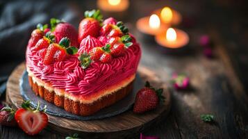 Vibrant Heart-Shaped Cake Decorated with Fresh Strawberries Perfect for Celebrations and Special Occasions in a Cozy Setting photo