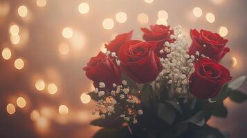 Gorgeous close-up shot of beautifully arranged red roses with delicate white flowers against a dreamy bokeh background creating a romantic atmosphere for any occasion. photo