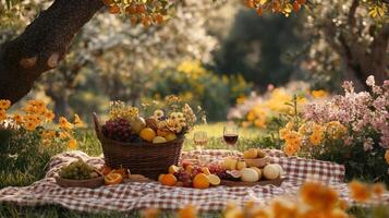 Whimsical Outdoor Picnic Setup in a Park Surrounded by Vibrant Flowers and Lush Greenery, Perfect for a Relaxing Day in Nature with Fruits and Refreshing Drinks photo