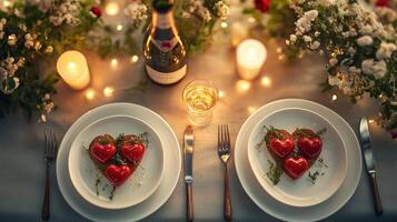 Elegant Table Setting for a Romantic Dinner with Heart-Shaped Desserts, Candles, Wine, and Delicate Floral Arrangements Creating a Cozy Atmosphere photo