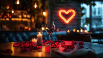 Romantic and Luxurious Valentine's Day Dinner Setting with Heart Neon Sign, Candlelight, and Petals for an Intimate Dining Experience photo