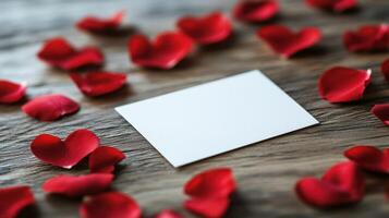 Minimalist Valentines Day Card Surrounded by Red Rose Petals on Wooden Surface, Perfect for Romantic Gestures and Personal Messages photo