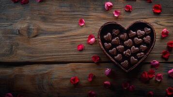 Heart-Shaped Box of Chocolates Surrounded by Rose Petals on Rustic Wooden Table for Romantic Occasions and Sweet Celebrations photo