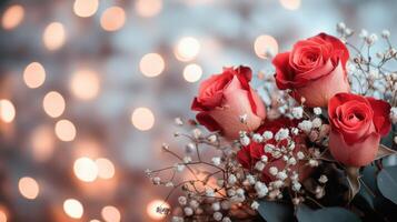 Close-up Shot of Beautifully Arranged Roses with Delicate Baby's Breath Against a Soft Bokeh Background in a Romantic and Elegant Setting photo