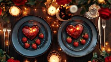 Elegant Table Setting for a Romantic Dinner with Heart-Shaped Desserts, Fresh Strawberries, and Soft Candlelight for an Unforgettable Evening Experience photo