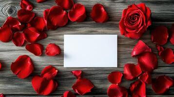 Minimalist Valentine's Day Card Surrounded by Red Rose Petals on a Rustic Wooden Surface, Perfect for Romantic Gestures and Messages of Love photo