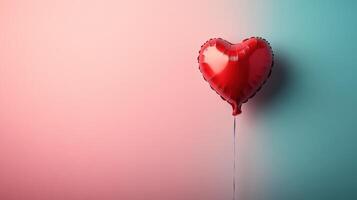 Red Heart Shaped Balloon Floating Against a Soft Pink and Blue Background, Perfect for Valentine's Day Celebrations and Romantic Themes photo