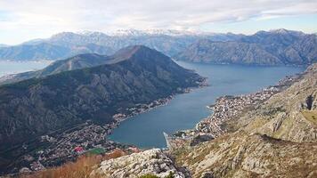 Panoramic view of Kotor Bay Boca and mountains from mountain view point in Montenegro in winter time. High quality photo video