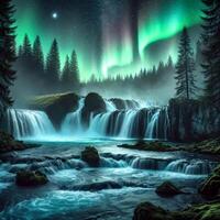 Waterfalls in a forest with northern lights and aurora borealis in the dark night sky video