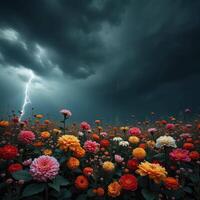 Dramatic floral background with thunder and a lot of colorful flowers in a dark style video