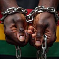Close-up of two black hands tied in chains with black history month flag colors in the background video