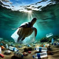 un Tortuga en el Oceano atascado en un el plastico bolso y rodeado por el plastico botellas video
