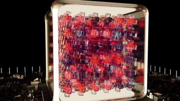 uma vermelho e azul cubo com uma cidade dentro a fundo video