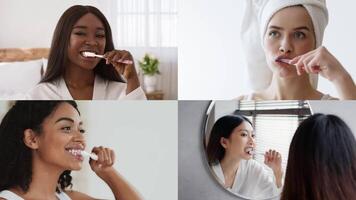 Four women are engaged in their morning routines, using toothbrushes in various bathroom settings. Each person shows individual styles and environments while maintaining dental hygiene. video