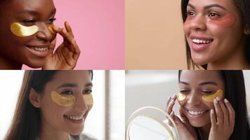 Four women of different backgrounds engage in self-care routines, applying skin care patches while smiling and connecting. This collage highlights the beauty of diversity and friendship. video