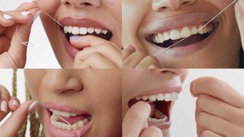 A close-up view shows four steps of flossing teeth, highlighting the importance of dental hygiene. The hands demonstrate how to effectively use dental floss for healthier teeth. video