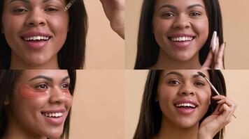 Diverse women engage in various skin care activities, showcasing beauty routines that include applying serums, using pads, and enjoying facial treatments. Each woman smiles while pampering herself. video