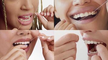Several people are shown flossing their teeth in a well-lit environment. Each person uses dental floss to maintain oral hygiene, showcasing proper techniques and smiles. video