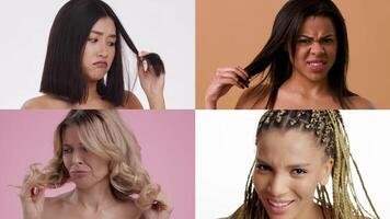 Four women showcase a range of emotions related to hair care. They each display distinctive hairstyles and expressions while engaging in grooming activities in a well-lit, neutral setting. video