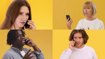 Four individuals of different backgrounds are engaged in phone conversations. Each person is in a separate section of the image, set against a vibrant yellow backdrop. video