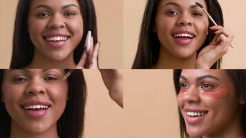 A group of women showcases various skincare techniques in a pampering session. They smile as they apply products, highlighting the joy of beauty and self-care in a serene setting. video