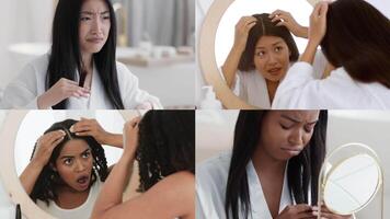 Women from diverse backgrounds engage in self-care routines while looking into mirrors. Their expressions reflect surprise and curiosity as they pamper their skin and hair in a calm environment. video