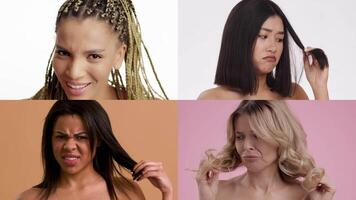 Four women with different hairstyles express a range of emotions related to their pampering experiences. Each shows unique responses to hair care activities in a colorful setting. video