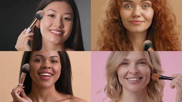 A group of women from diverse backgrounds engage in skin care and beauty routines, applying makeup and enjoying a pampering session together. The atmosphere is relaxed and joyful. video