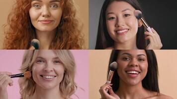 Four women of different backgrounds are applying makeup, showcasing various beauty routines in a lively and colorful setup. Each woman radiates confidence and joy. video