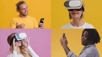 Four individuals interact with virtual reality headsets, showcasing diverse reactions and expressions. Bright, colorful backgrounds enhance their engagement with technology and digital experiences. video