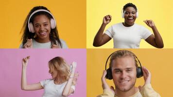 Four individuals smile and dance while wearing headphones. The background features bright colors, highlighting their enjoyment of music in a joyful atmosphere. video