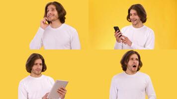 A person interacts with various devices, showing a range of emotions while communicating. The bright yellow background highlights their expressions and the activity they are engaged in. video