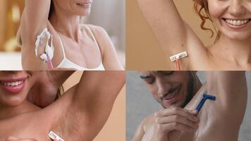 Four people from different backgrounds engage in pampering activities, showcasing skin care routines and grooming. Each woman presents a unique approach to beauty and self-care. video