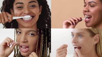Four women engage in various self-care routines, smiling and focusing on personal grooming. Each woman displays a different aspect of beauty, showcasing diversity and self-love in their practices. video