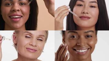 Women from various backgrounds engage in their skin care routines. Each lady showcases different beauty products, highlighting diversity in pampering and self-care practices. video