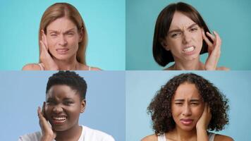 A diverse group of individuals displays various facial expressions reflecting pain and discomfort. Each person shows a unique response to physical suffering against a colorful background. video