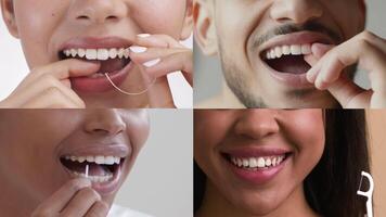 Diverse individuals engage in various dental care activities, showcasing self-pampering and hygiene routines. The focus is on smiles, dental health tools, and gentle pampering practices. video