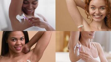 A group of women from diverse backgrounds engages in skin care practices. They apply shaving cream while grooming their underarms, showcasing beauty techniques and routines. video