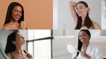 Four women of different backgrounds engage in their skin care routines, showcasing diverse beauty practices and moments of self-care in a serene setting. video