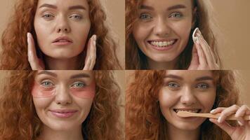 Redhead woman engage in skincare routines, applying products and enjoying self-pampering. This collection highlights diverse beauty practices and moments of relaxation. video
