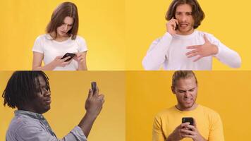 Four individuals display various emotions while using mobile phones. Each person reacts differently, highlighting their engagement with technology. video