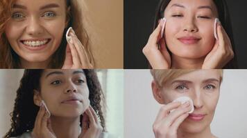 Four women from diverse backgrounds are engaging in their skincare routines. Each is gently applying cotton pads to their faces, showcasing self-care and beauty practices video