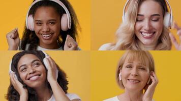Four women of different ages and backgrounds express joy as they listen to music with headphones. Their smiles and energetic movements create a lively atmosphere against a bright yellow background. video
