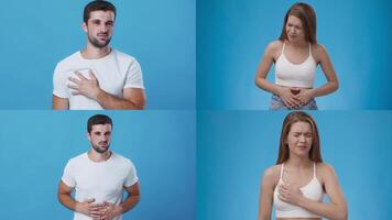 Two individuals display a range of emotions tied to various health issues, showcasing physical discomfort. Their expressions indicate pain and concern, highlighting healthcare challenges. video