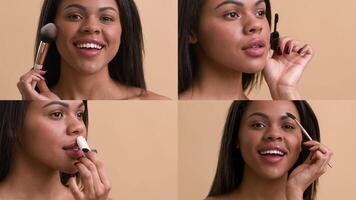 Four women engage in various pampering activities focused on beauty and skin care. Each showcases different techniques, highlighting diversity and self-care practices. video