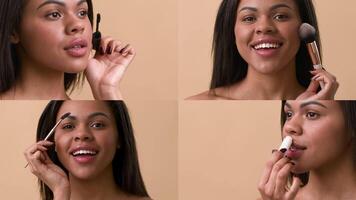 Four women engage in pampering activities, applying makeup and skincare products in a warm, inviting setting. Each frame highlights different beauty routines and tools. video