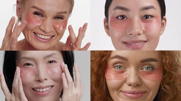 Four women of different backgrounds focus on their skincare routines, applying eye masks while showcasing their joyful expressions in a colorful, pampering collage. video