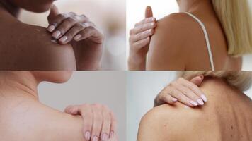 Four women with diverse backgrounds engage in a skin care routine, applying cream on their shoulders. Each demonstrates their unique beauty and care practices in a tranquil setting. video