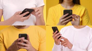 Four individuals interact with their smartphones, showcasing different hand gestures in a bright yellow setting. The focus is on their engagement and connection through technology. video